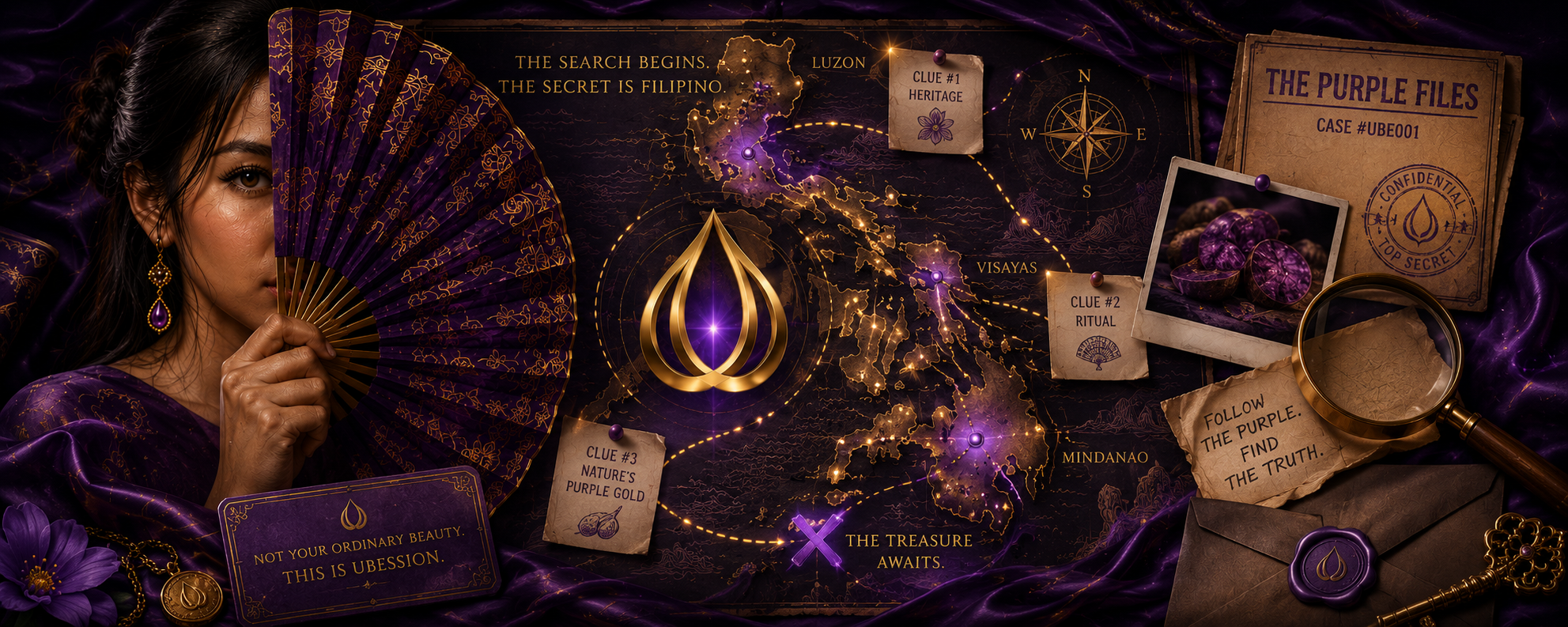 Purple Files clue board with heritage, ritual and nature's purple gold clues
