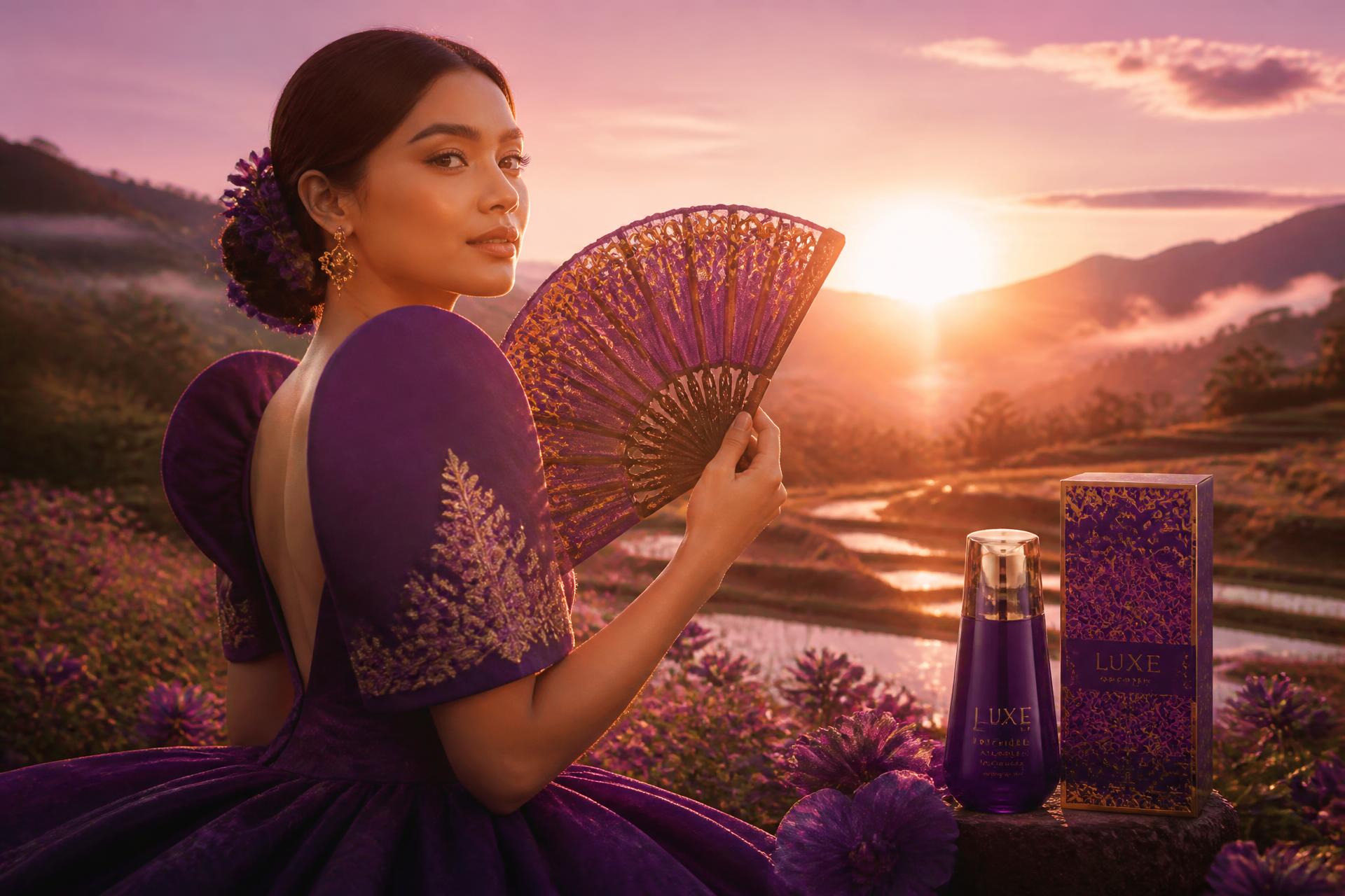 Philippine landscape at golden hour blended with futuristic purple light